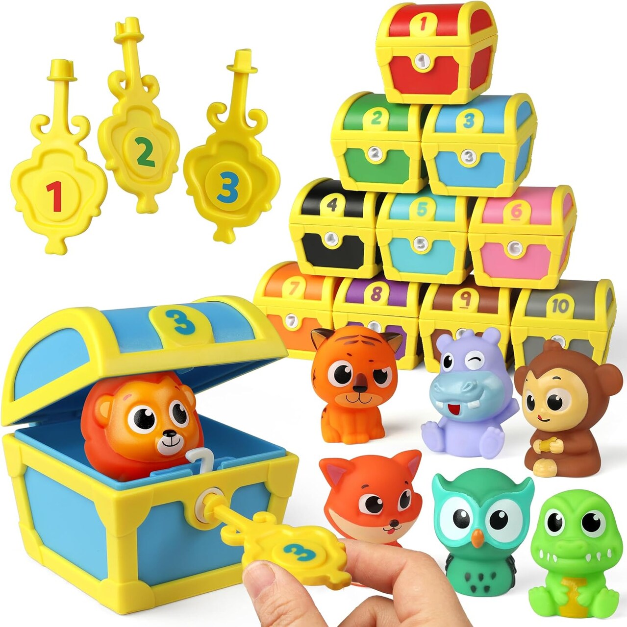 Motor Skill Toys for Toddlers, 10pcs Surprise Animals Finger Puppets Treasure with Number Locks, Matching Color Sorting Pirate Hunt Game, Learning Montessori Gift for 3 4 5 Year Old